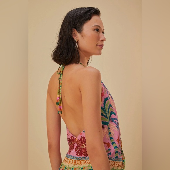 FARM Rio Pink Multicolor Halter Scarf Tie-Front Blouse NWT - Picture 4 of 5